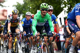 PONTIVY FRANCE JUNE 28 Julian Alaphilippe of France Green Points Jersey Mark Cavendish of The United Kingdom and Team Deceuninck QuickStep during the 108th Tour de France 2021 Stage 3 a 1829km stage from Lorient to Pontivy LeTour TDF2021 on June 28 2021 in Pontivy France Photo by Michael SteeleGetty Images