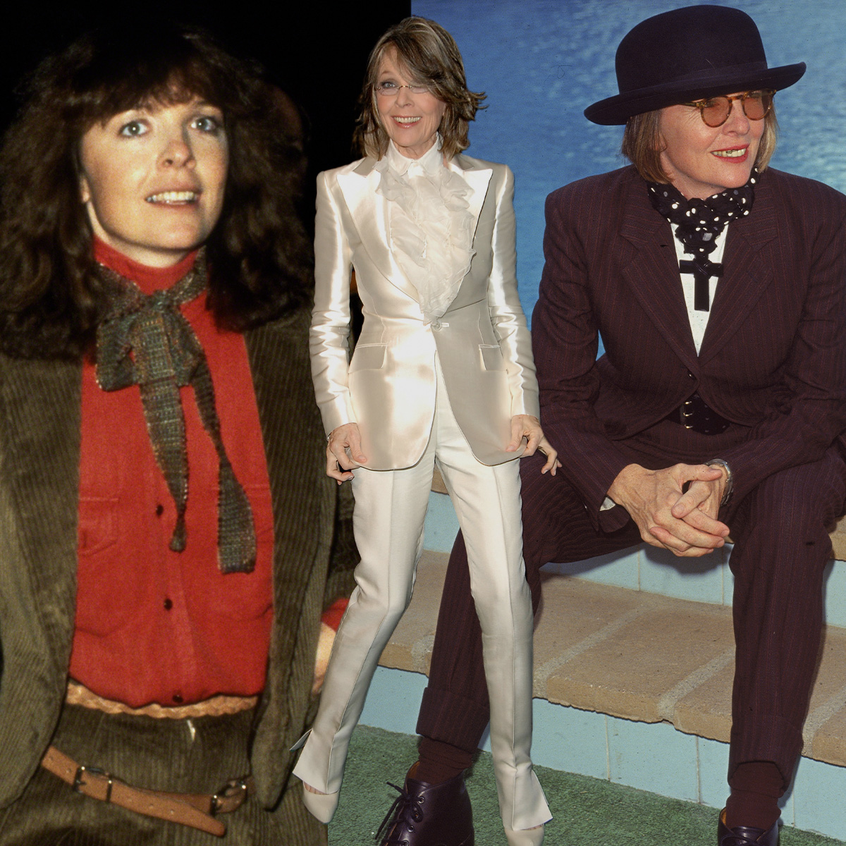 collage of diane keaton's most iconic outfits