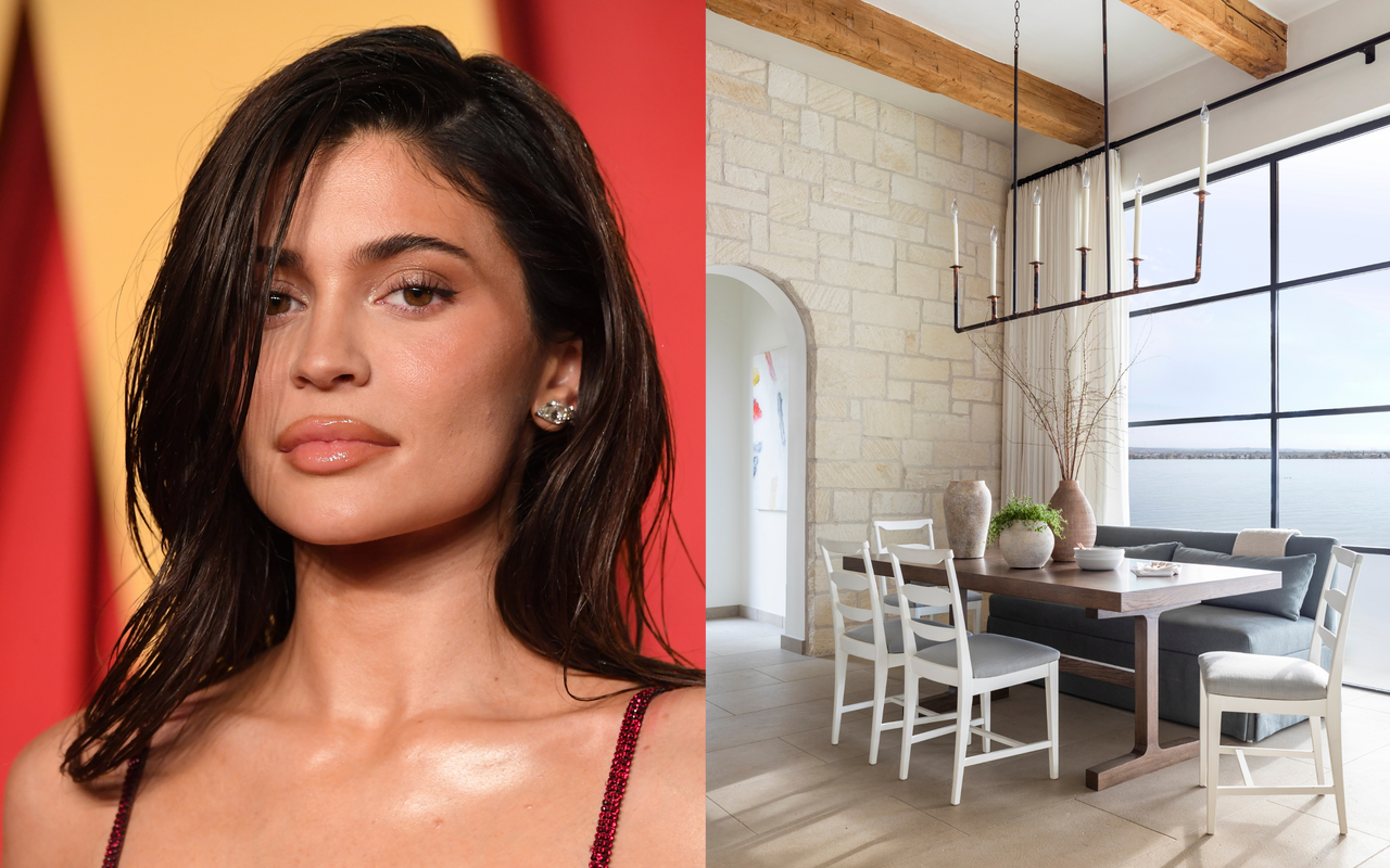 A split image with a headshot of Kylie Jenner looking at the camera and a picture of a dining table with chairs one side and a blue sofa the other