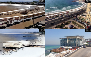 A collage of 4 images comapring the coastline of Alexandria from 1935 to 2022. The coastline has significantly retreated over this time frame.