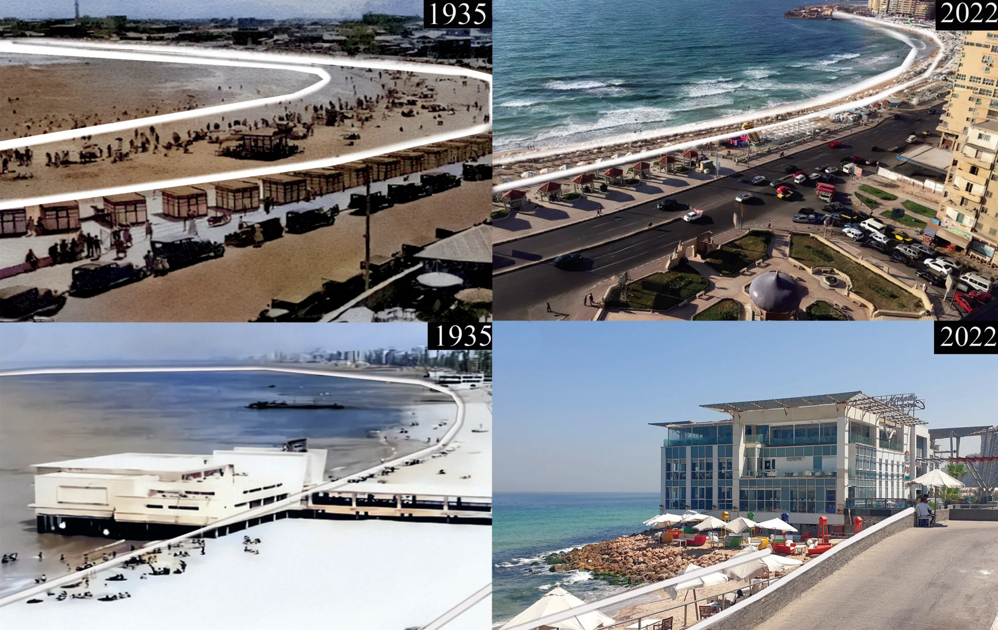 Sebuah kolase dari 4 gambar yang datang dengan garis pantai Alexandria dari tahun 1935 hingga 2022. Garis pantai secara signifikan mundur dalam kerangka waktu ini.