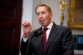 Larry Ellison speaks during a news conference with U.S. President Donald Trump