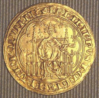 The treasure stolen by the pirates contained numerous gold coins. Some of them were similar to this coin issued by Philip IV of France around the year 1300.