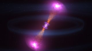 This still from a NASA animation shows the aftermath of a collision of two neutron stars, which merged into an objected called GW170817. Gravitational waves from the collision were detected on Aug. 17, 2017.
