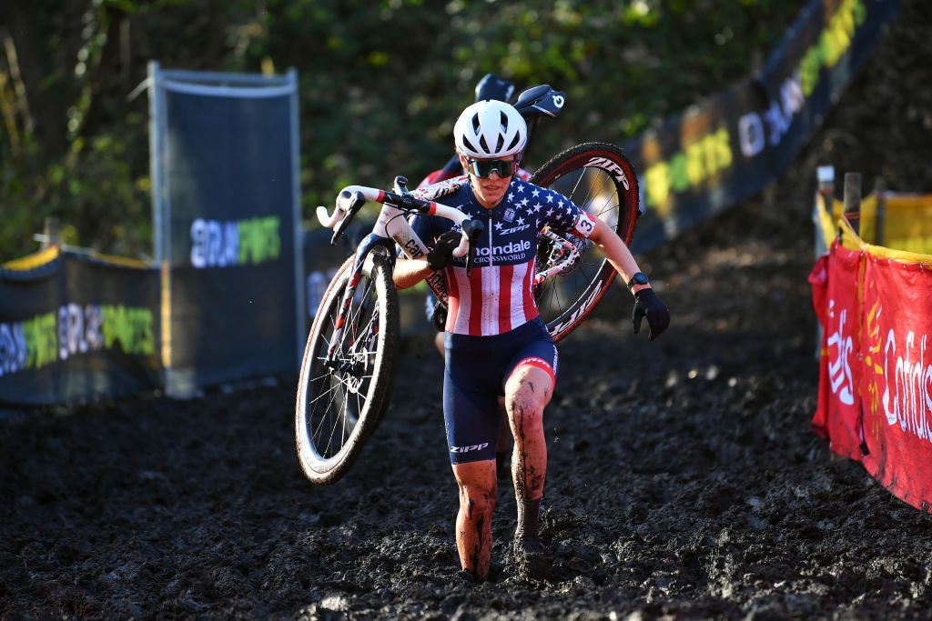 NIEL BELGIUM NOVEMBER 11 Clara Honsinger of The United States and Team CannondaleCyclocrossworld competes in a muddy sector during the 10th Superprestige Niel Jaarmarktcross 2021 Womens Elite SPNiel Superprestige2022 on November 11 2021 in Niel Belgium Photo by Luc ClaessenGetty Images