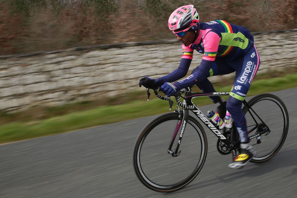 Eritrea's Tsgabu Gebremaryam Grmay rides in a breakaway rides during the second stage of Paris-Nice