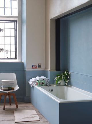 white bathroom with blue paint