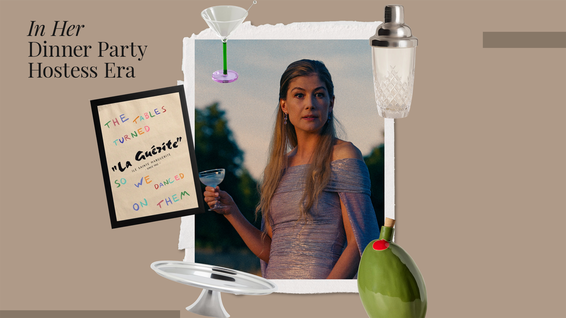 image of Rosamund Pike in Saltburn with gift guide products around it