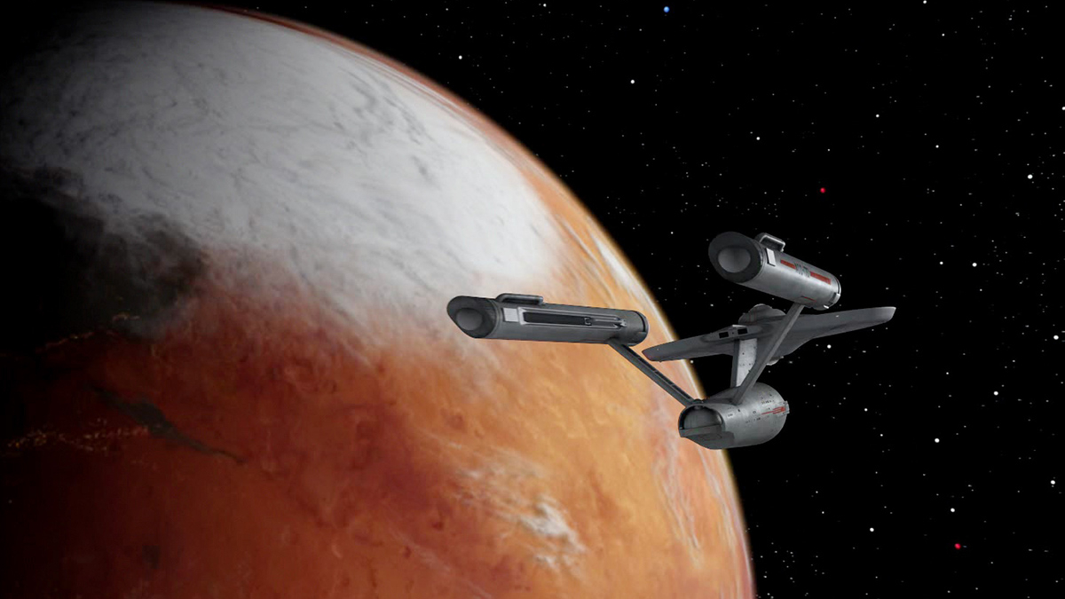 The USS Enterprise in orbit of Vulcan in Star Trek TOS episode "Amok Time".