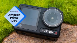 DJI Osmo Action 4 lying face-up on the ground, with TechRadar 'Amazon Prime Day' logo superimposed