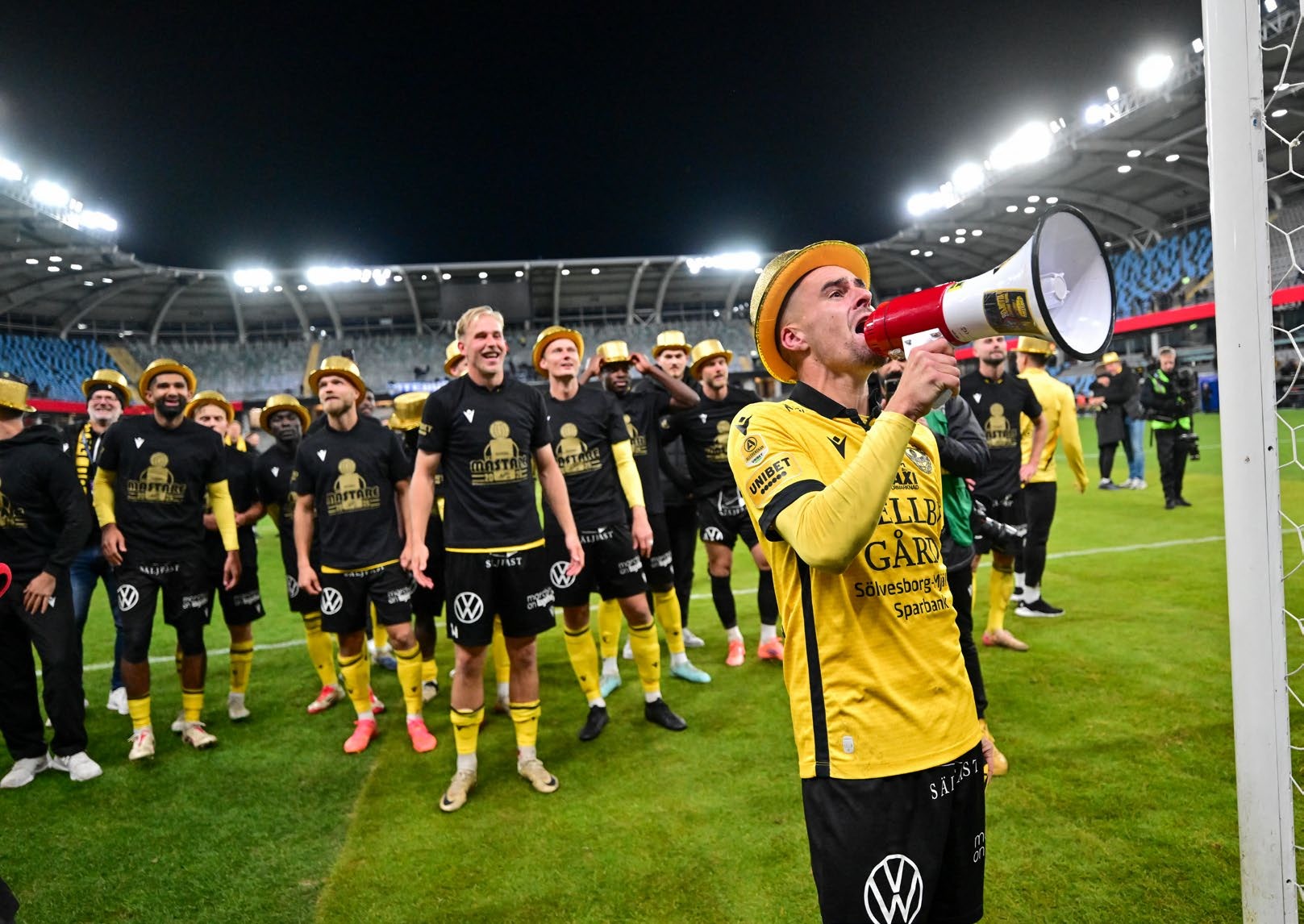 Mjallby AIF's captain Jesper Gustavsson leads the celebrations on winning the league after the Swedish football championship (Allsvenskan) football match between Mjallby AIF and IFK Gothenburg in Gothenburg, Sweden on October 20, 2025. (Photo by Bjorn LARSSON ROSVALL / various sources / AFP) / Sweden OUT (Photo by BJORN LARSSON ROSVALL/TT NEWS AGENCY/AFP via Getty Images)