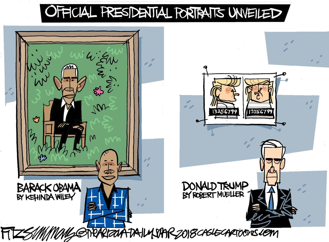 Political cartoon U.S. Obama portrait Trump Mueller Russia investigation