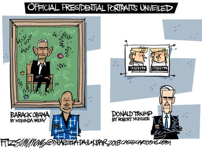 Political cartoon U.S. Obama portrait Trump Mueller Russia investigation