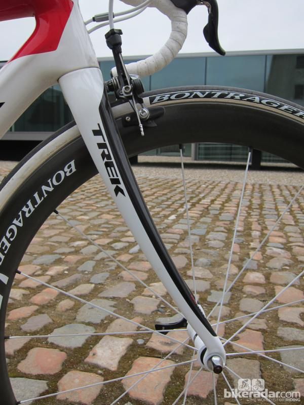 The new Trek Domane fork features radically forward-swept legs that flex a bit more than straighter legs under impact