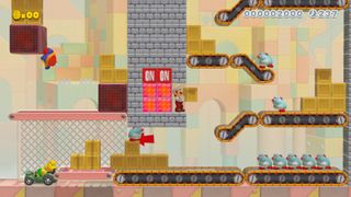 A screenshot from super mario maker 2, showing a user-generated level full of crates and mice enemies