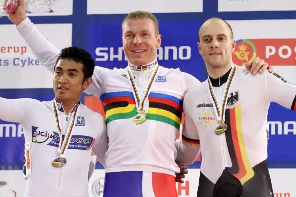 The Keirin podium Azizulhasni Awang (Malaysia), Chris Hoy (Great Britain) Max Levy (Germany).