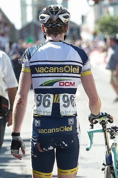 Pim Ligthart (Vacansoleil-DCM) makes his way to the finish line after being involved in a crash in the sprint finale.