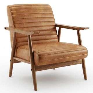 Mid century tan leather armchair with wooden arms and legs.