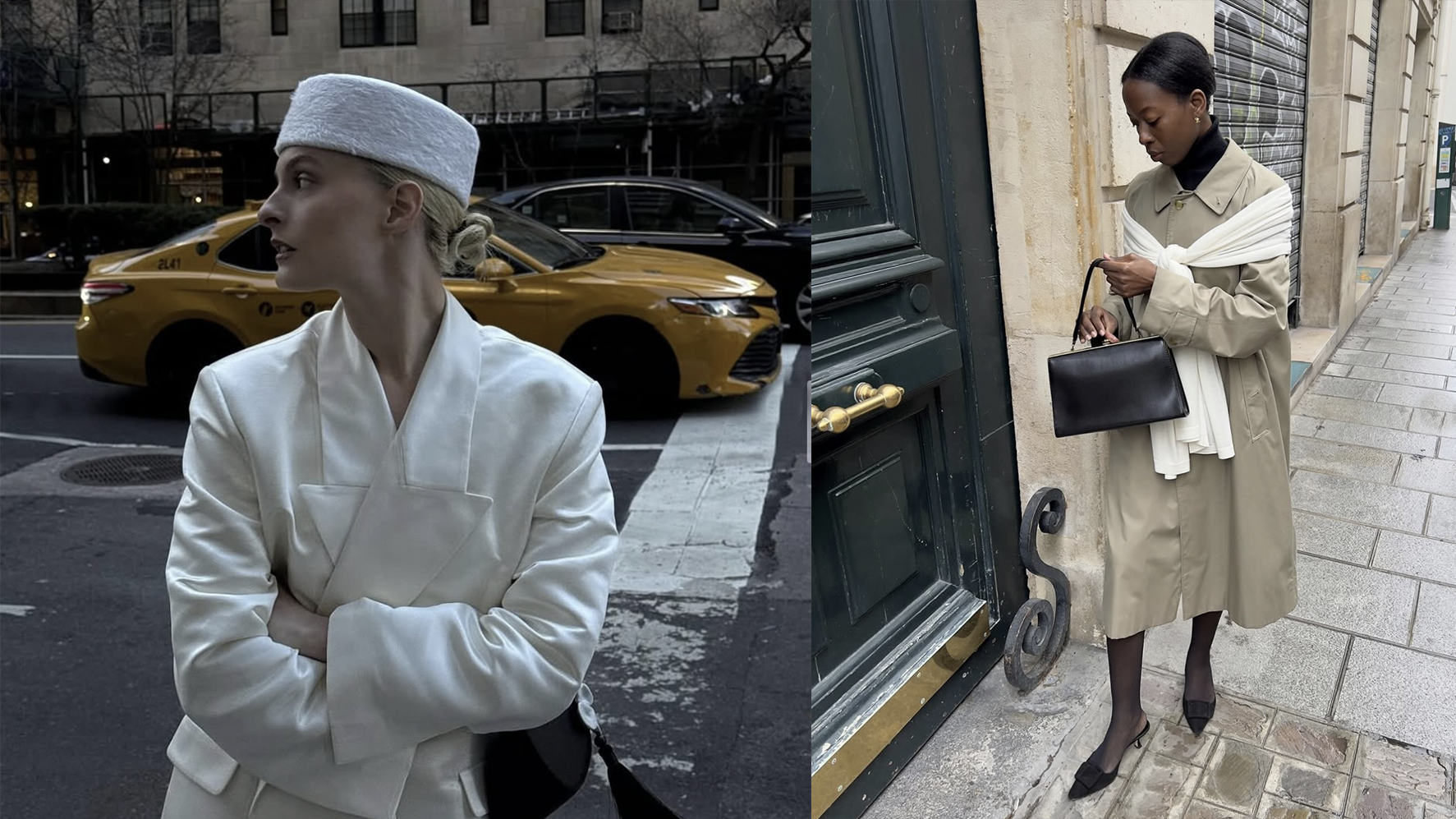 woman in white suit and hat, woman in trench with frame bag
