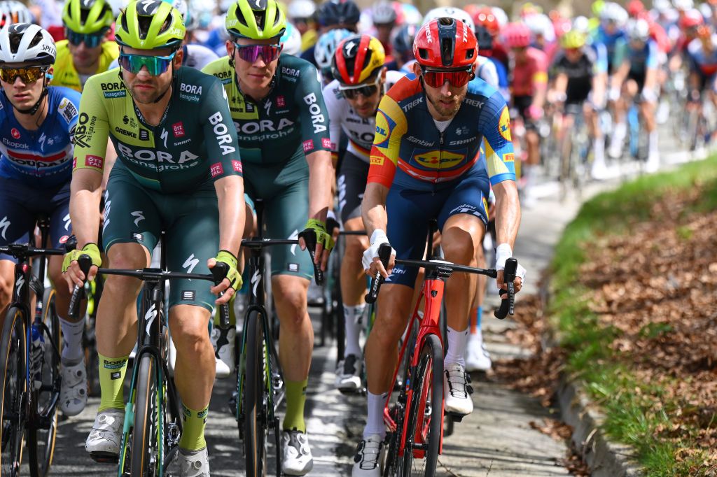 ALTSASU SPAIN APRIL 03 LR Bob Jungels of Luxembourg and Team BORA hansgrohe and Bauke Mollema of The Netherlands and Team Lidl Trek compete during the 63rd Itzulia Basque Country 2024 Stage 3 a 1909km stage from Ezpeleta to Altsasu 526m UCIWT on April 03 2024 in Altsasu Spain Photo by Tim de WaeleGetty Images