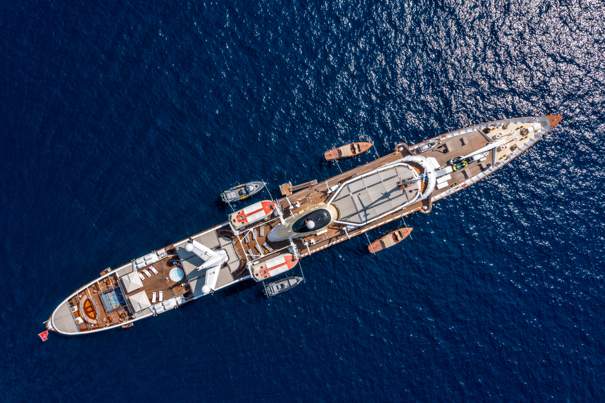 Aerial view of Christina O, showing four tenders