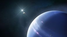 An artist's illustration of Neptune, with faint streaks of wispy white clouds.