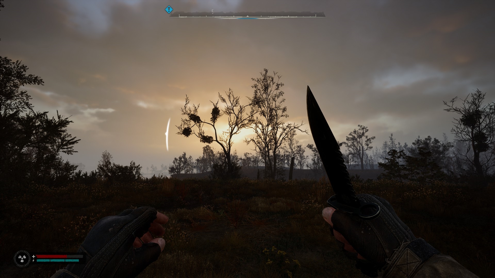 A first-person view of a man holding a knife, looking at a sunrise in STALKER 2: Heart of Chornobyl.