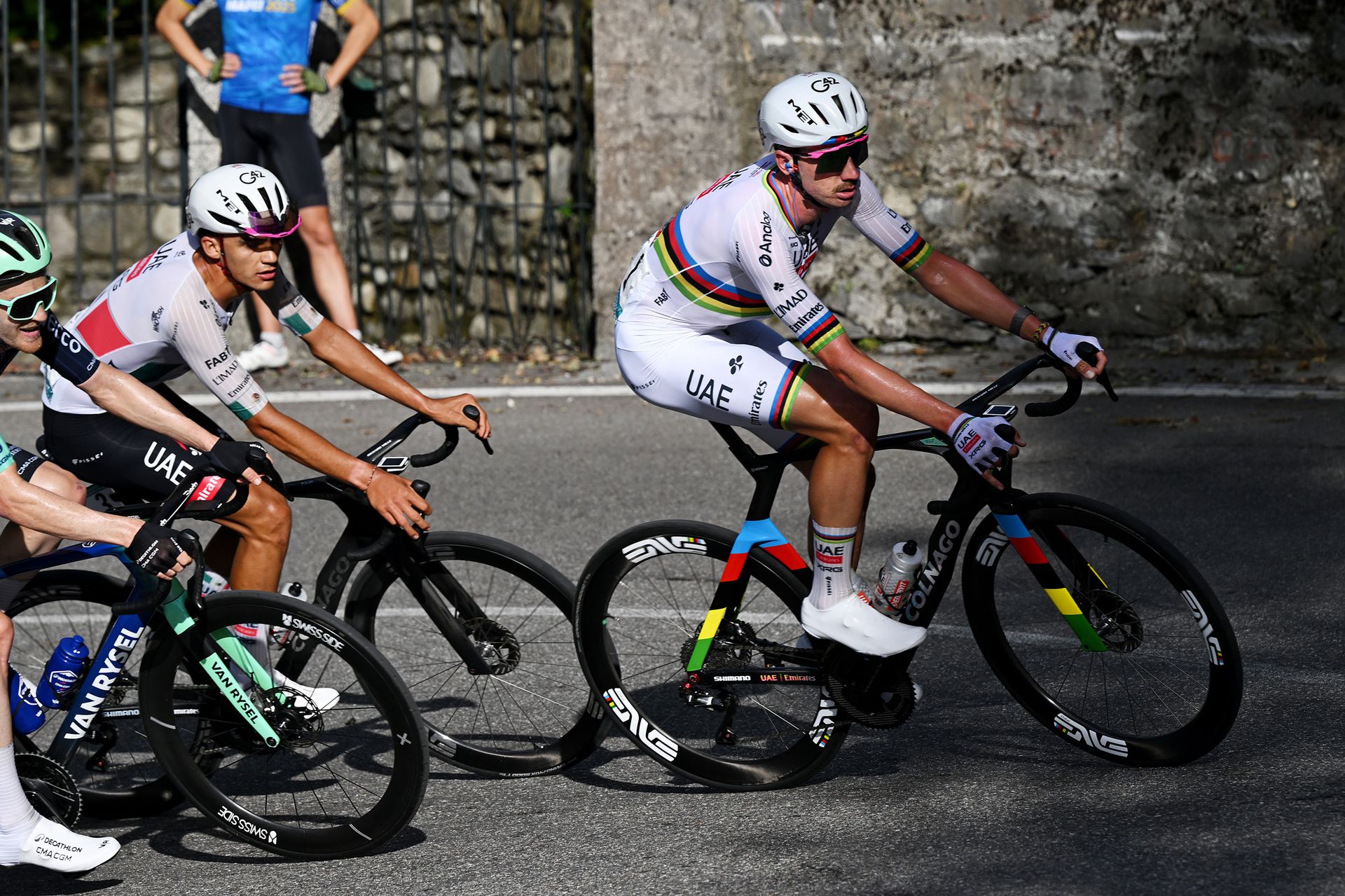 Brandon McNulty leads UAE Team Emirates-XRG teammate Isaac del Toro uphill during Il Lombardia 2026