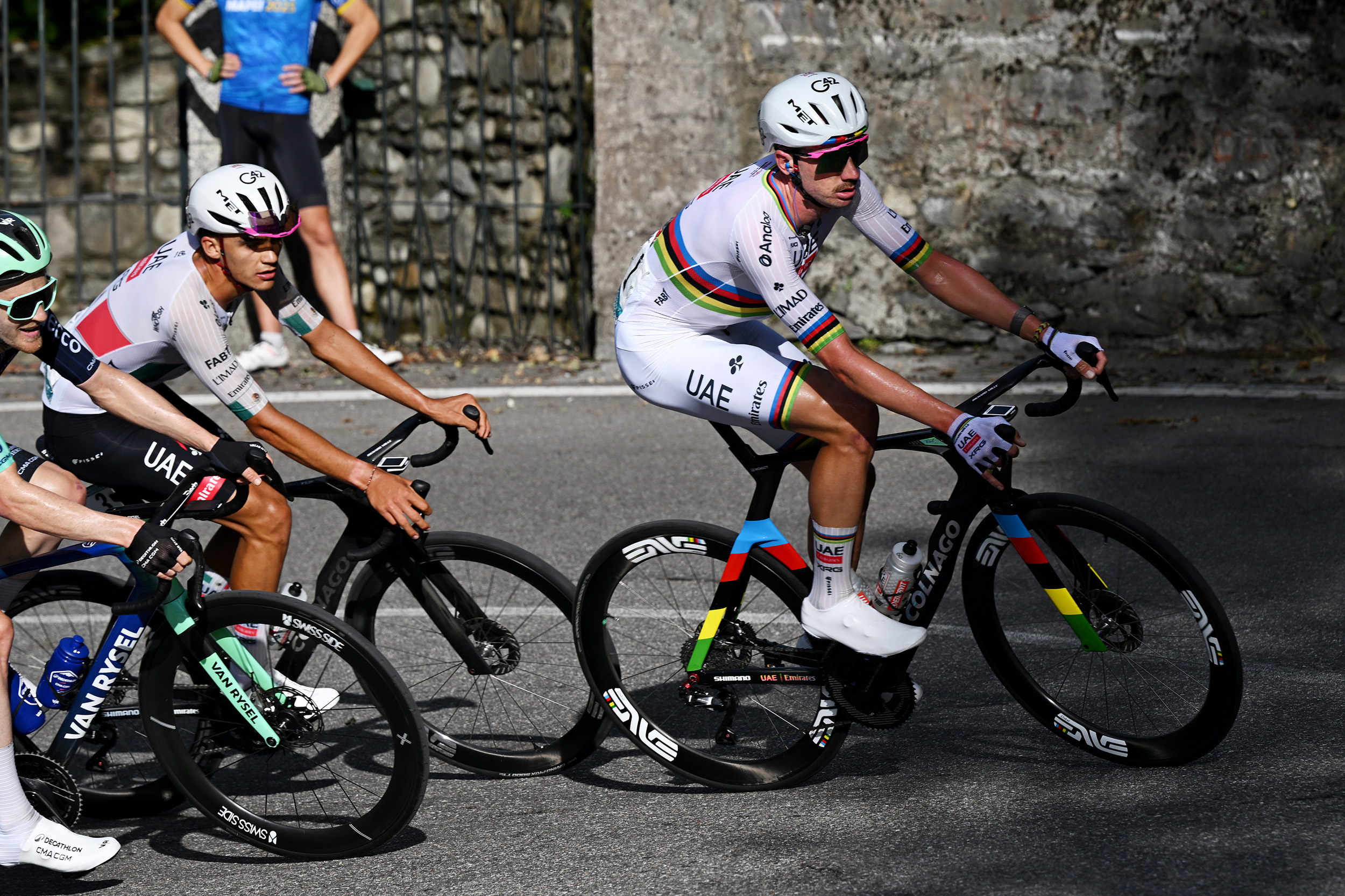 Brandon McNulty leads UAE Team Emirates-XRG teammate Isaac del Toro uphill during Il Lombardia 2026