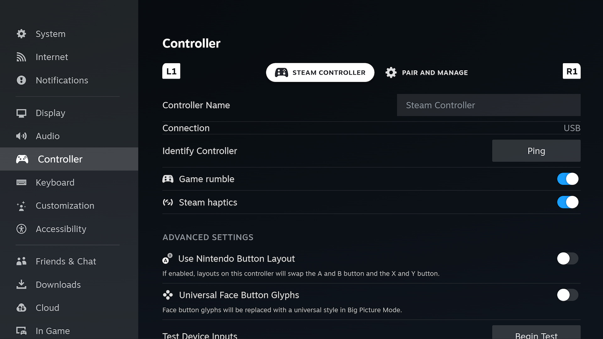 The Steam Controller settings in the Steam client.