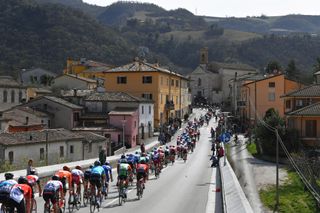 FOSSOMBRONE ITALY MARCH 16 Fossombrone Village Peloton Landscape Mountains Church during the 54th TirrenoAdriatico 2019 Stage 4 a 221km stage from Foligno to Fossombrone TirrenoAdriatico on March 16 2019 in Fossombrone Italy Photo by Tim de WaeleGetty Images