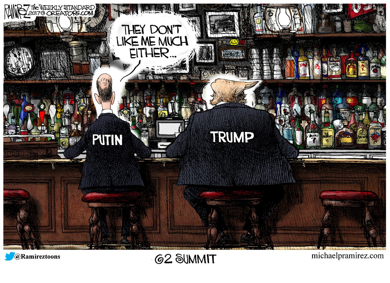 Political cartoon U.S. G20 summit Trump Putin popularity polls