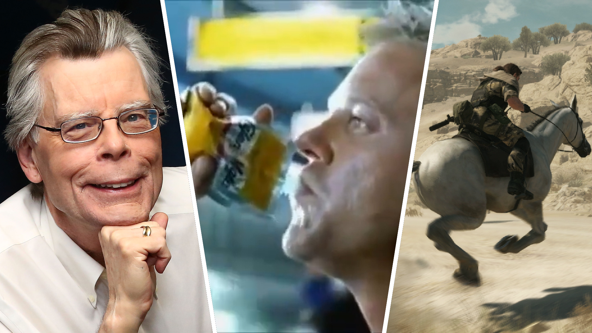 Author Stephen King visits the SiriusXM Studios on September 26, 2017; Kiefer Sutherland drinking a Calorie Mate energy gel as Jack Bauer; Snake rides D-Horse in MGS5