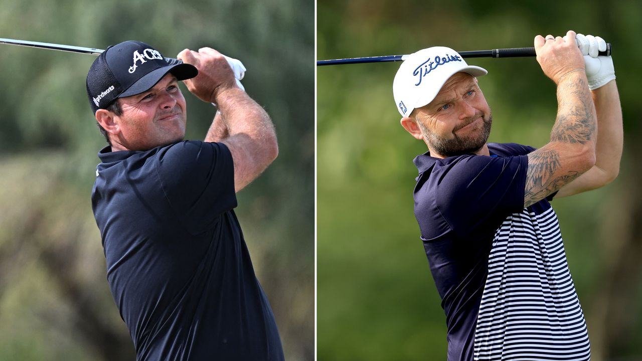 Patrick Reed and Andy Sullivan holding their finish on golf shots