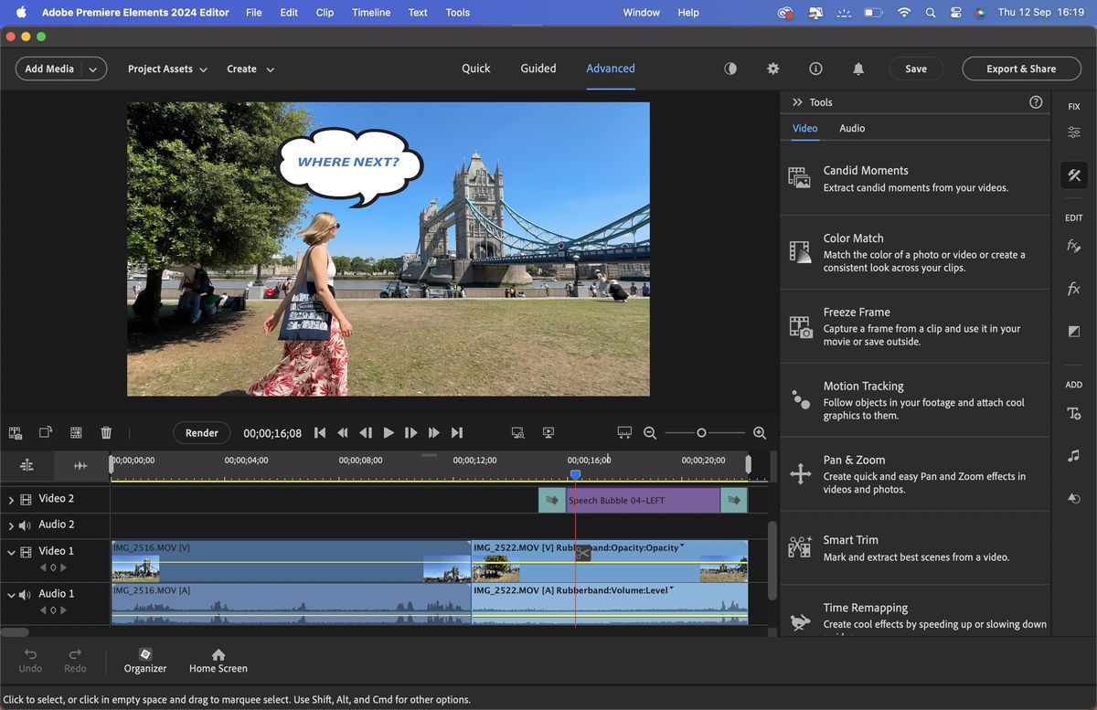 Screenshots of the desktop version of Adobe Premiere Elements 2024 running on MAcOS showing the process of editing a video