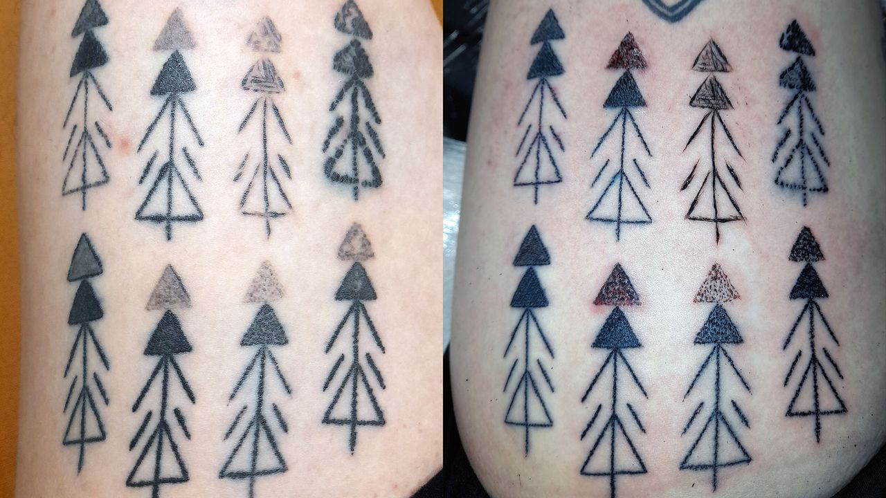 The researchers compared &Ouml;tzi's tattoos to modern tattoos made with different techniques on the leg of co-author Danny Riday. These two photographs show the day they were made (left) and after six months of healing.