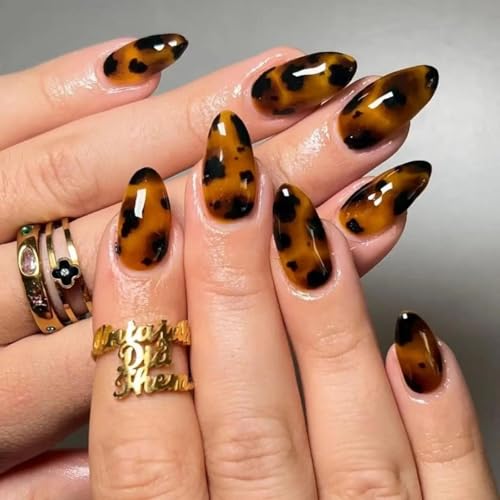 Brown Nail Press Ons Leopard Print Fake Nails Medium Almond False Nail With Design Glossy Full Cover Glue on Nails Artificial Acrylic Fall Winter Stick on Nail for Women Manicure 24pcs