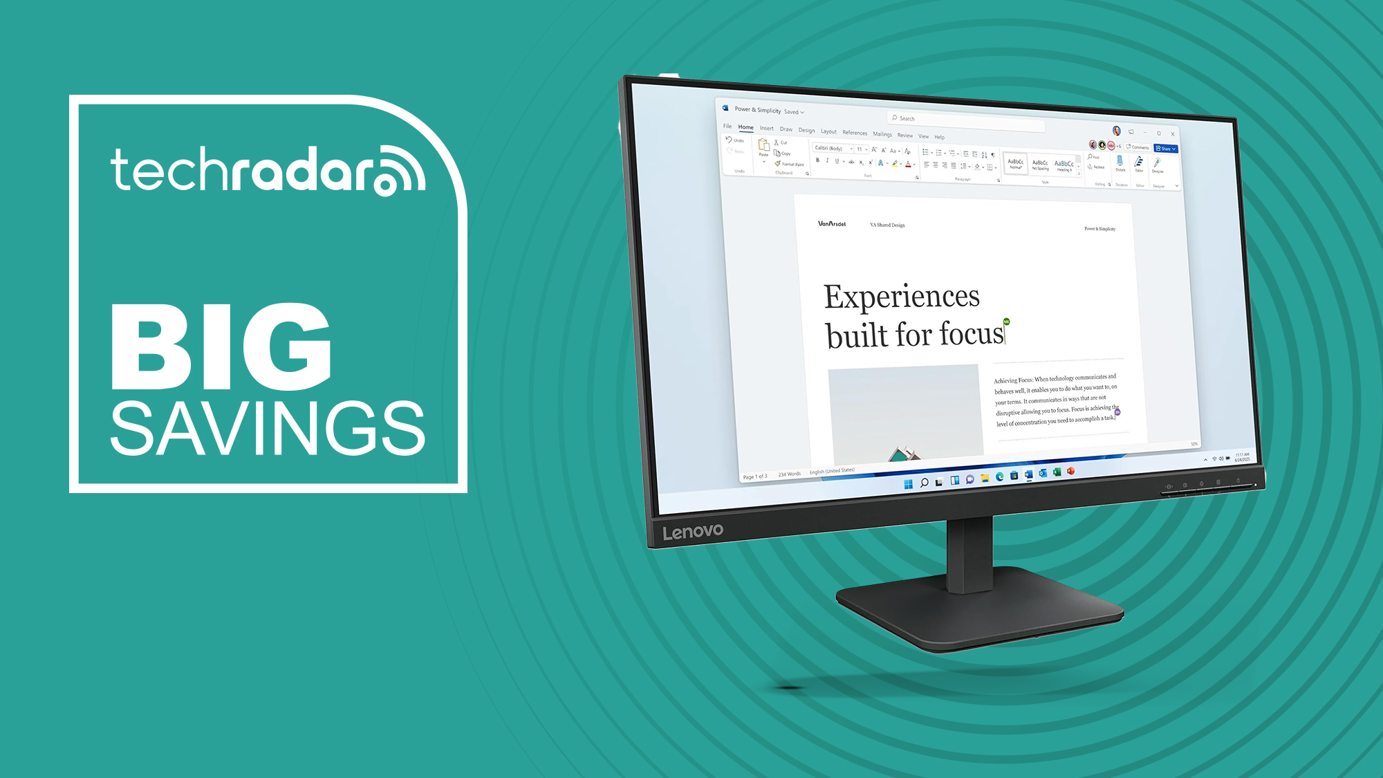 Lenovo monitor on a cyan background with a Big Savings banner