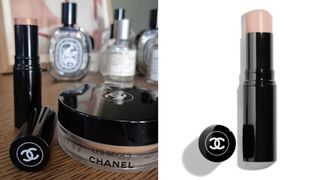 On the left, a picture of Digital Beauty Writer, Naomi Jamieson's dresser displaying the Chanel Baume Multi-stick highlighter and the Les Beiges creamy bronzer, with perfume bottles in the background. And on the right, a product shot of the Chanel BAUME Highlighter, on a white background