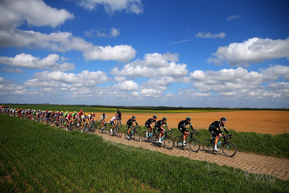 Team Sky lined up at the front of Paris-Roubaix