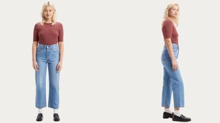 composite of model wearing levi's ribcage straight jeans in mid blue wash