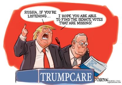 Political cartoon U.S. GOP health care bill Trump Mitch McConnell Russian hacking