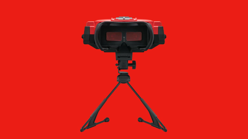 Virtual Boy headset with inside of goggles facing forward and red backdrop.