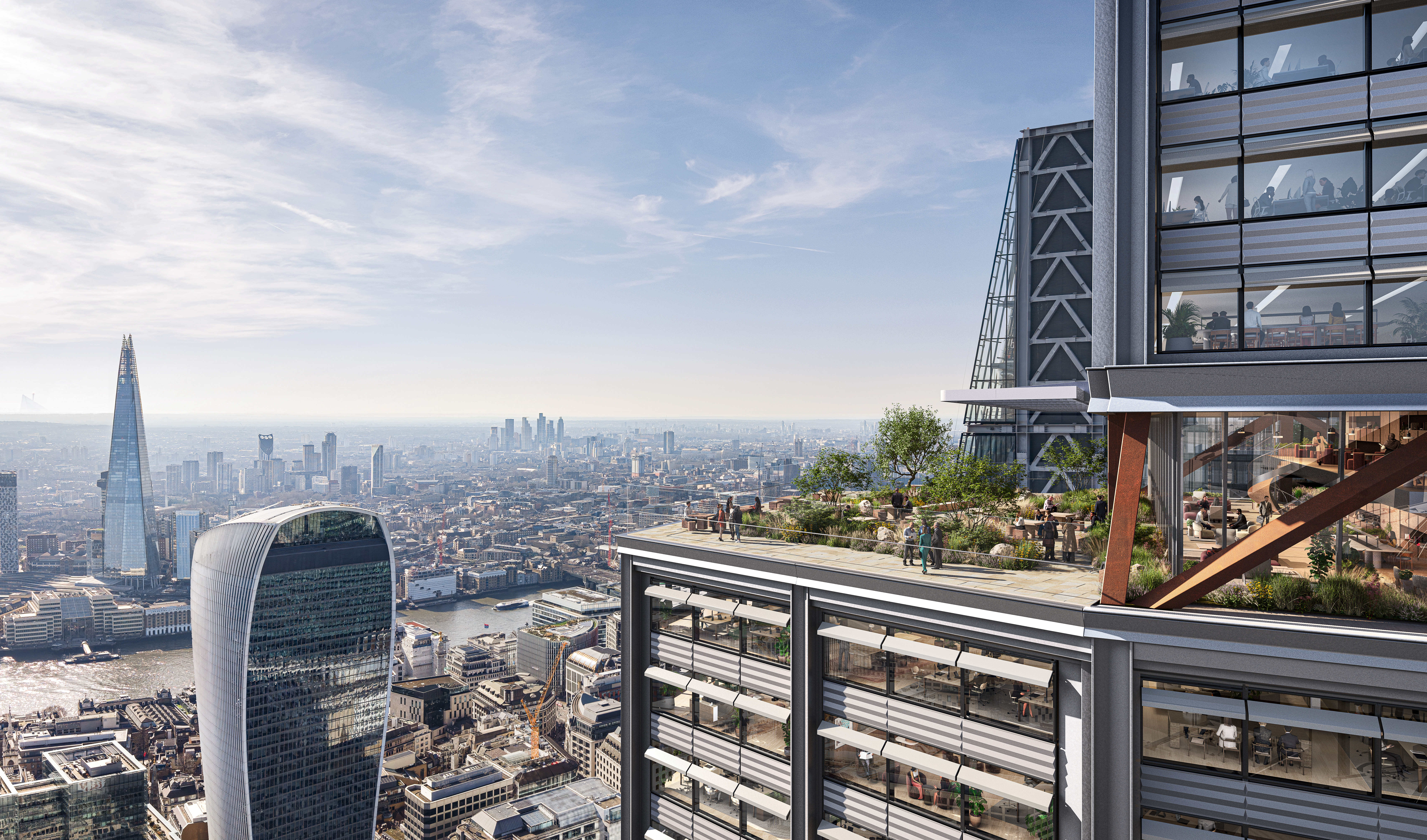 renders of various views of One London, one of London's tallest buildings, a glistening tower in the City