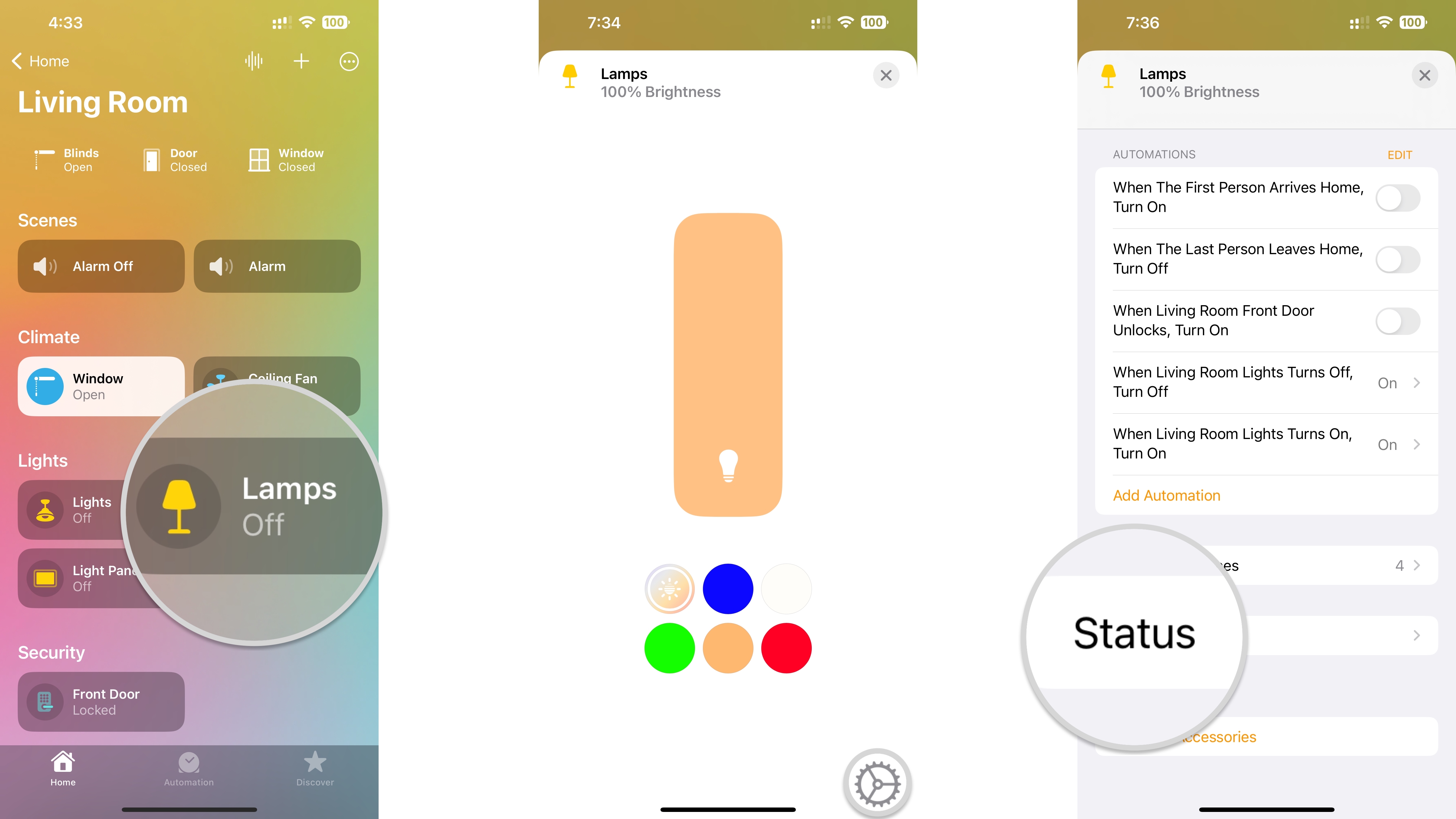 How to monitor and adjust the status of HomeKit accessories on an iPhone by showing steps: Tap an Accessory, Tap the Settings icon, Tap Status.