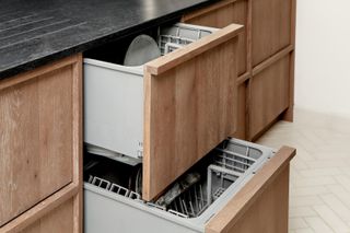 wooden kitchen with drawer dishwasher