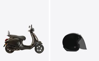 Two images, Right- A moped, Left- A black crash helmet