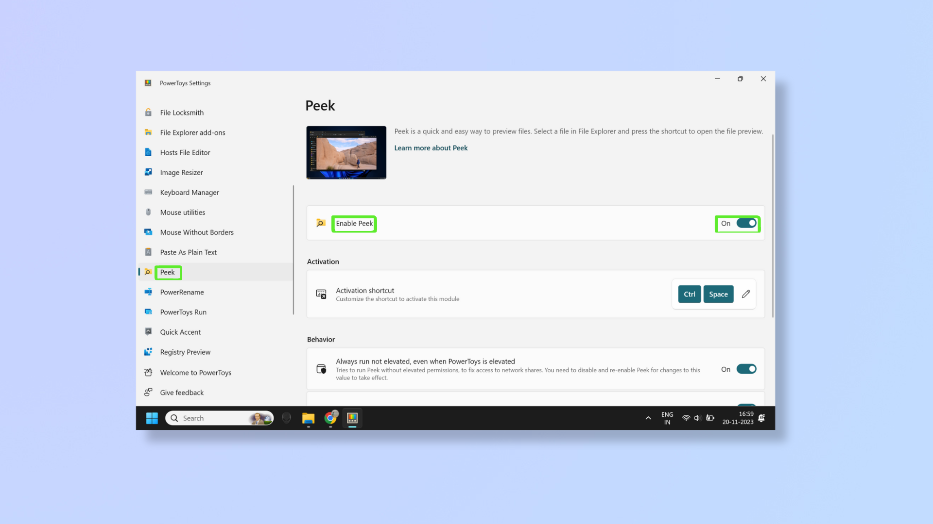 Снимок экрана приложения PowerToys, показывающий, как получить доступ и включить инструмент Peek. 