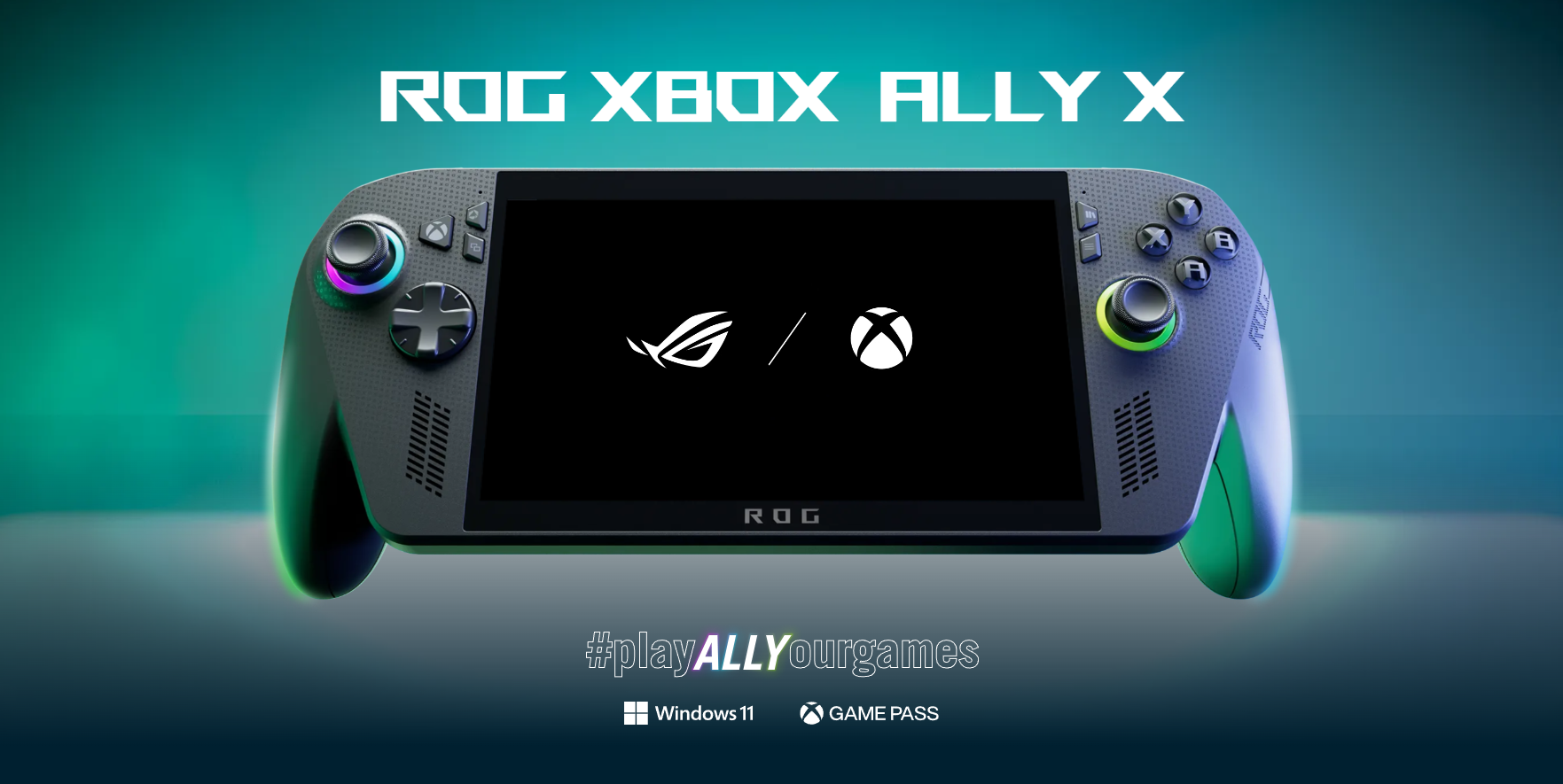 Asus ROG Xbox Ally X over a turquoise background
