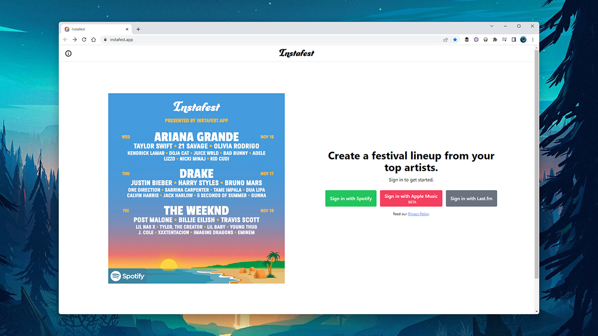 Instafest app showing festival lineup